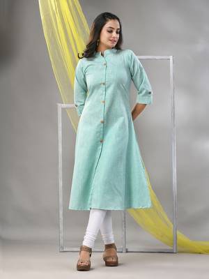 Mint green solid cotton a-line kurta 2