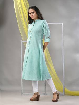 Mint green solid cotton a-line kurta 3