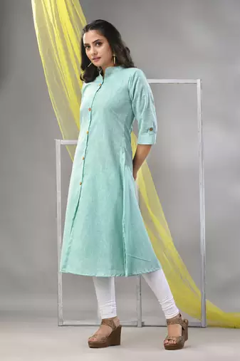 Mint green solid cotton a-line kurta