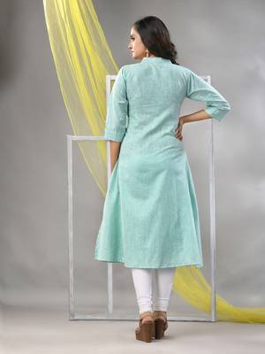 Mint green solid cotton a-line kurta 4