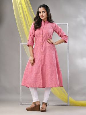 Pink solid cotton a-line kurta 1