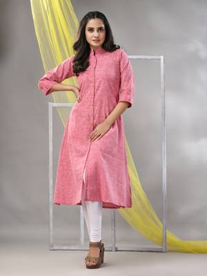 Pink solid cotton a-line kurta 2