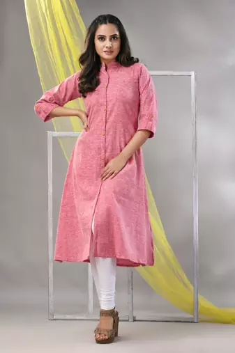 Pink solid cotton a-line kurta