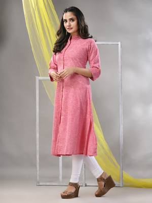 Pink solid cotton a-line kurta 3