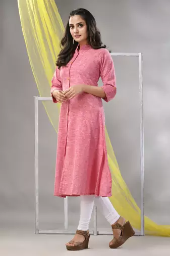 Pink solid cotton a-line kurta
