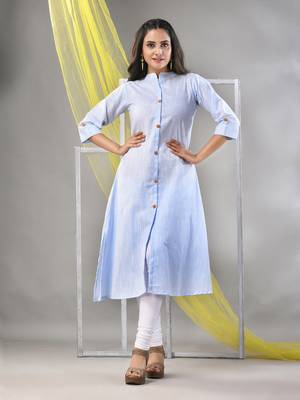 Baby blue solid cotton a-line kurta 1