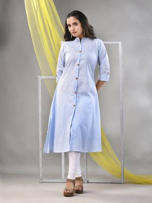 Baby blue solid cotton a-line kurta 2