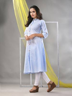 Baby blue solid cotton a-line kurta 3