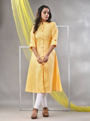 Yellow solid cotton a-line kurta 2