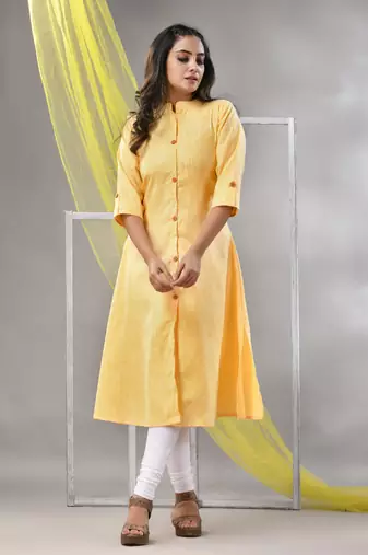 Yellow solid cotton a-line kurta