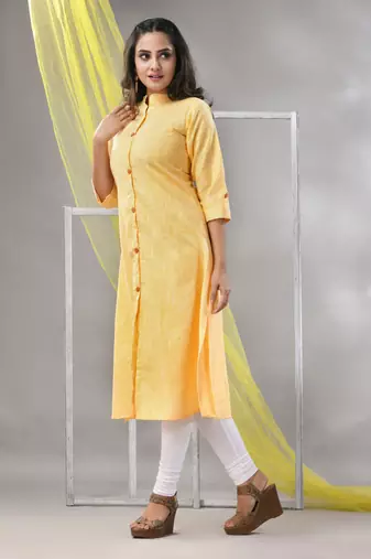Yellow solid cotton a-line kurta