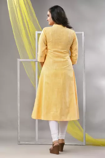 Yellow solid cotton a-line kurta
