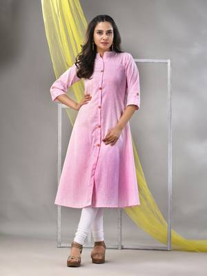 Baby pink solid cotton a-line kurta 1