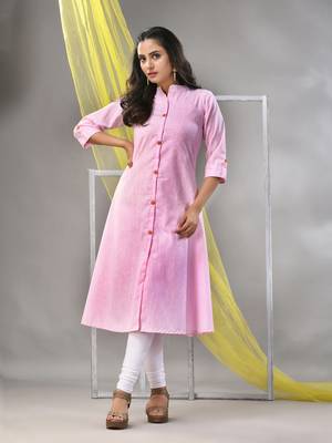 Baby pink solid cotton a-line kurta 2