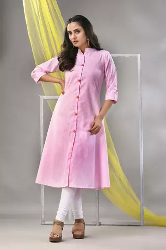 Baby pink solid cotton a-line kurta