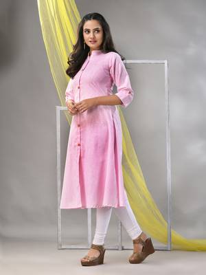Baby pink solid cotton a-line kurta 3