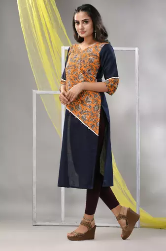 Black cotton ajrak printed straight kurta