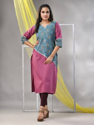 Mauve cotton ajrak printed straight kurta 1