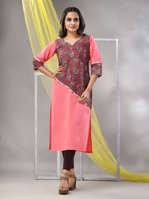 Pink cotton ajrak printed straight kurta 1