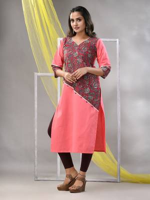 Pink cotton ajrak printed straight kurta 2