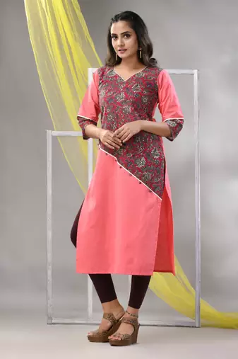 Pink cotton ajrak printed straight kurta