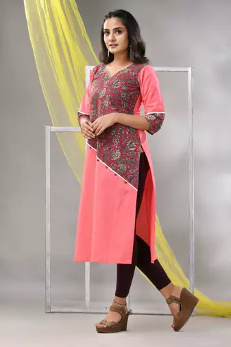 Pink cotton ajrak printed straight kurta