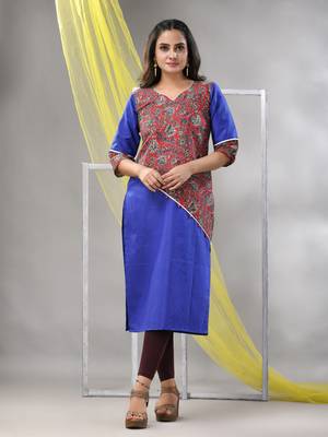 Blue cotton ajrak printed straight kurta 1