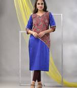 Blue cotton ajrak printed straight kurta