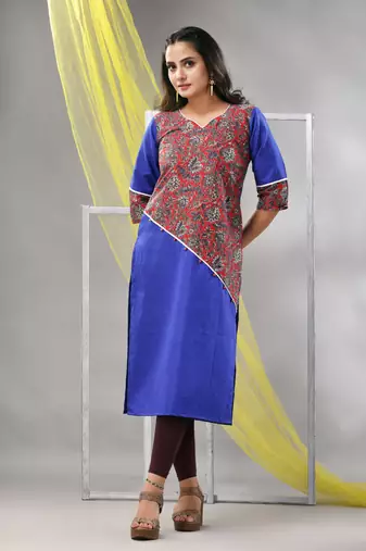 Blue cotton ajrak printed straight kurta