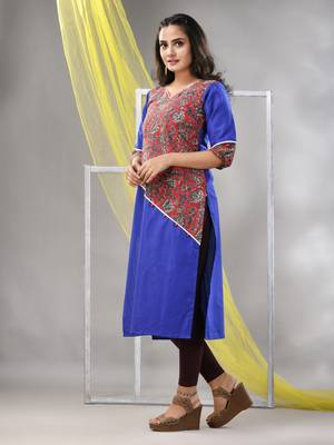 Blue cotton ajrak printed straight kurta 3