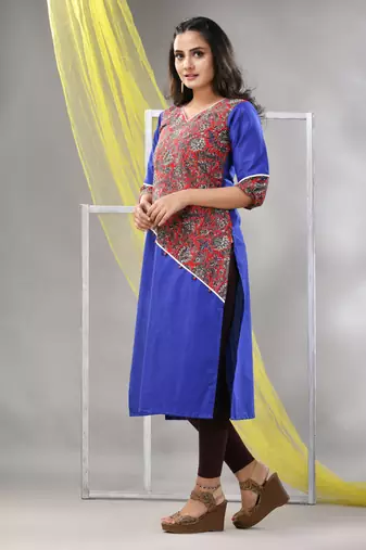 Blue cotton ajrak printed straight kurta