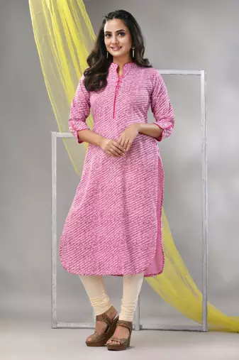 Pink rayon leheriya printed straight kurta