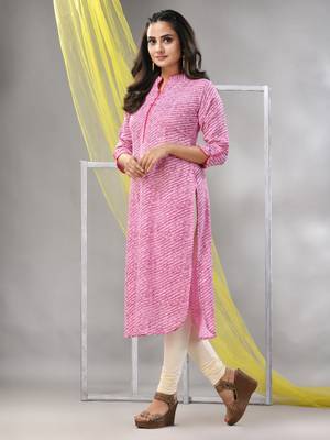 Pink rayon leheriya printed straight kurta 3