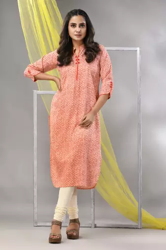 Orange rayon leheriya printed straight kurta