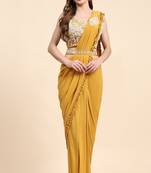 Designer yellow colour heavy work blouse lycra fabric saree with stylish belt for girlish party looks