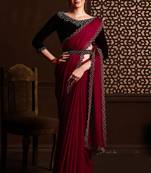 Maroon Satin Chiffon Diamond Work Heavy Partywear Saree