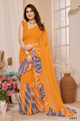 Yellow Printed With Pattern Work Georgette c Ethnic Saree 1