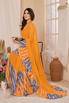 Yellow Printed With Pattern Work Georgette c Ethnic Saree 3