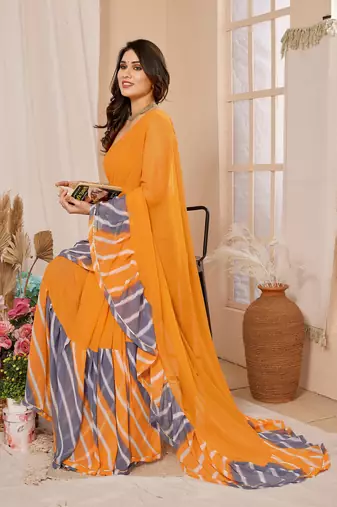 Yellow Printed With Pattern Work Georgette c Ethnic Saree