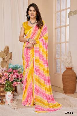 Yellow Printed With Pattern Work Georgette c Ethnic Saree 1