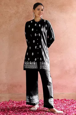 Black Cotton Readymade Kurta Set 1