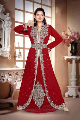 Maroon color Handmade Moroccan Kaftan with hijjab 1