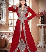 Maroon color luxurious Handmade Moroccan Kaftan with hijjab