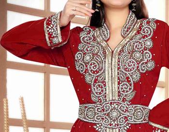 Maroon color Handmade Moroccan Kaftan with hijjab 2