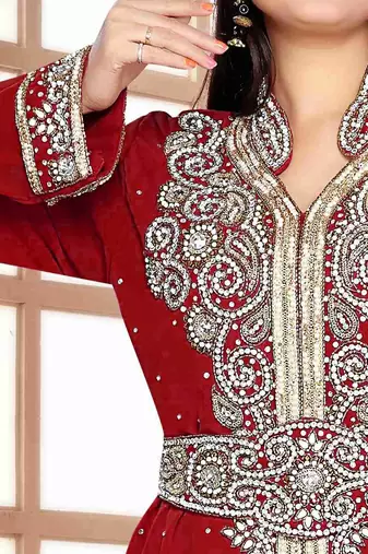 Maroon color Handmade Moroccan Kaftan with hijjab