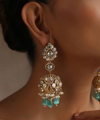 Mint gold tone moissanite polki jhumka earrings 2