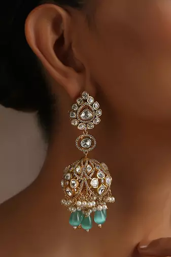 Mint gold tone moissanite polki jhumka earrings