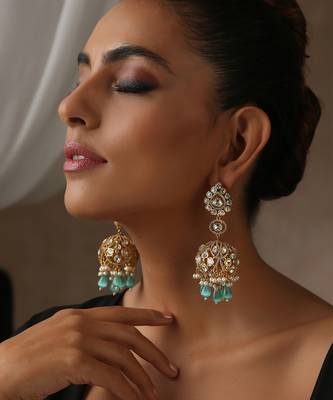 Mint gold tone moissanite polki jhumka earrings 3