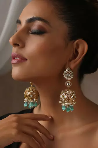 Mint gold tone moissanite polki jhumka earrings
