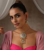 Multicolour gold tone kundan hasli set